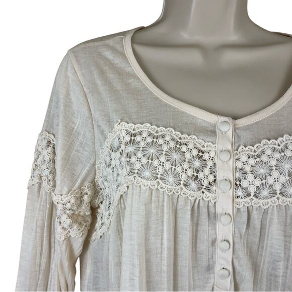 Cream Crochet Trim Henley Style Pop Over Top Scoop Neck Button Trim Loose fit - Picture 12 of 16